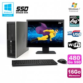 Lot PC HP Compaq 6005 Pro SFF AMD 3GHz 16Go 480Go SSD Graveur WIFI W7 Pro + 22"