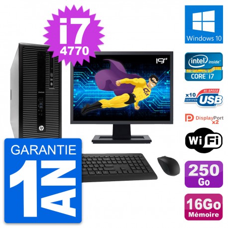 PC Tour HP 800 G1 Ecran 19" Intel i7-4770 RAM 16Go Disque 250Go Windows 10 Wifi
