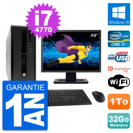 PC Tour HP 800 G1 Ecran 19" Intel i7-4770 RAM 32Go Disque 1To Windows 10 Wifi
