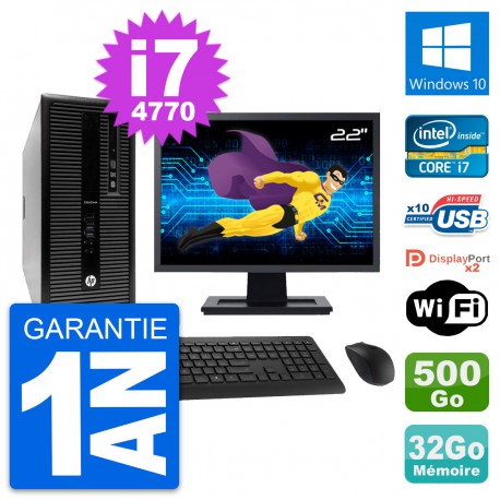 PC Tour HP 800 G1 Ecran 22" Intel i7-4770 RAM 32Go Disque 500Go Windows 10 Wifi