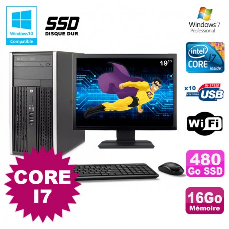 Lot PC Tour HP Elite 8200 Core I7 3,4Ghz 16Go 480Go SSD Graveur WIFI W7 + Ecran 19