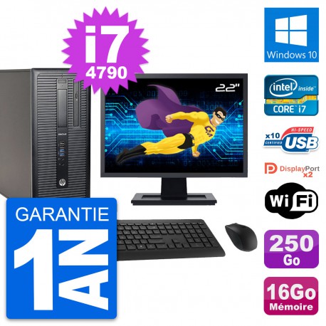 PC Tour HP 800 G1 Ecran 22" Intel i7-4790 RAM 16Go Disque 250Go Windows 10 Wifi
