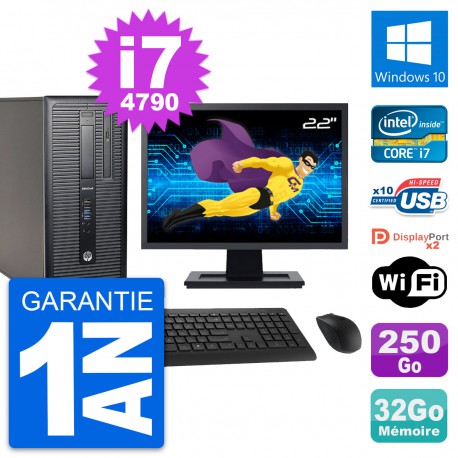 PC Tour HP 800 G1 Ecran 22" Intel i7-4790 RAM 32Go Disque 250Go Windows 10 Wifi