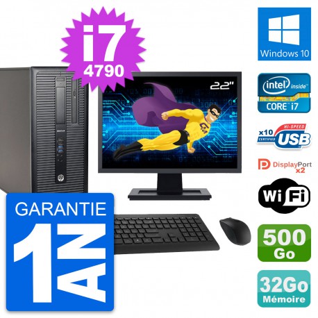 PC Tour HP 800 G1 Ecran 22" Intel i7-4790 RAM 32Go Disque 500Go Windows 10 Wifi