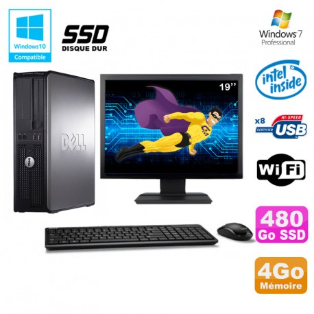 Lot PC DELL Optiplex 760 DT E5200 2,5Ghz 4Go DDR2 480Go SSD WIFI Win 7 + 19"