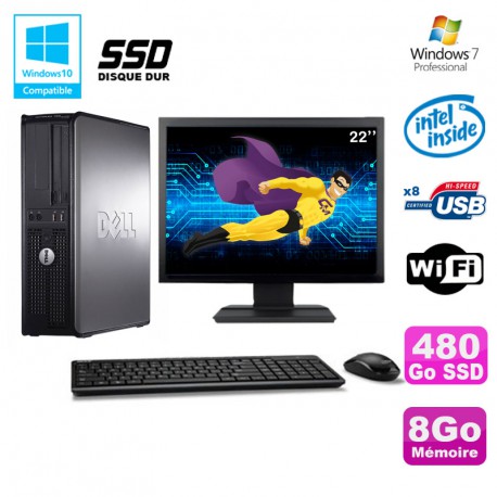 Lot PC DELL Optiplex 760 DT E5200 2,5Ghz 8Go DDR2 480Go SSD WIFI Win 7 + 22"