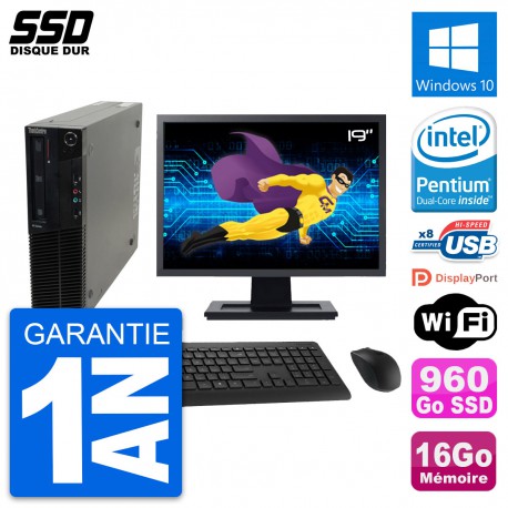 PC Lenovo M82 SFF Ecran 19" Intel G630 RAM 16Go SSD 960Go Windows 10 Wifi