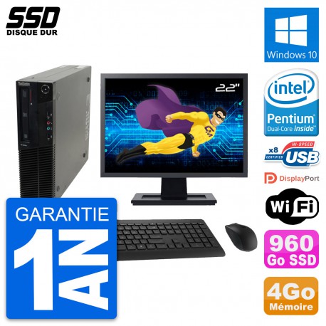 PC Lenovo M82 SFF Ecran 22" Intel G630 RAM 4Go SSD 960Go Windows 10 Wifi
