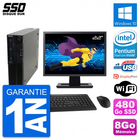 PC Lenovo M82 SFF Ecran 22" Intel G630 RAM 8Go SSD 480Go Windows 10 Wifi