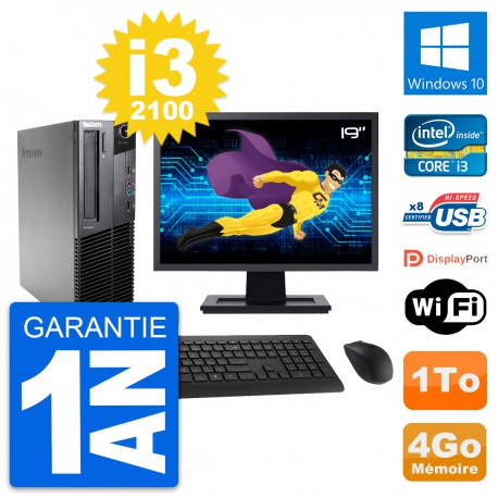 PC Lenovo M82 SFF Ecran 19" Intel i3-2100 RAM 4Go Disque Dur 1To Windows 10 Wifi
