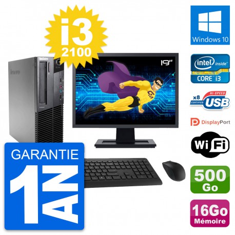 PC Lenovo M82 SFF Ecran 19" Intel i3-2100 RAM 16Go Disque 500Go Windows 10 Wifi