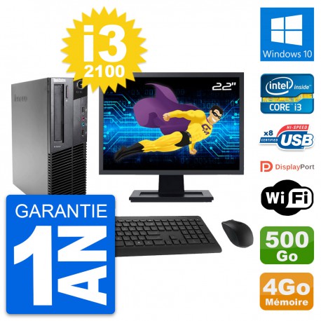 PC Lenovo M82 SFF Ecran 22" Intel i3-2100 RAM 4Go Disque 500Go Windows 10 Wifi