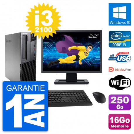 PC Lenovo M82 SFF Ecran 22" Intel i3-2100 RAM 16Go Disque 250Go Windows 10 Wifi