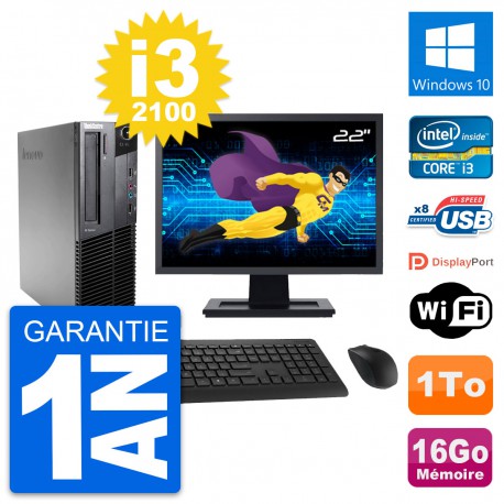 PC Lenovo M82 SFF Ecran 22" Intel i3-2100 RAM 16Go Disque 1To Windows 10 Wifi