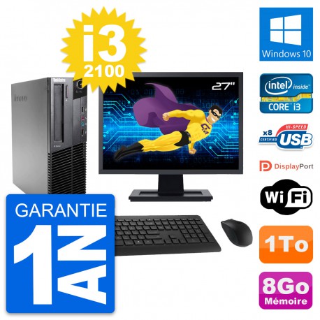 PC Lenovo M82 SFF Ecran 27" Intel i3-2100 RAM 8Go Disque Dur 1To Windows 10 Wifi