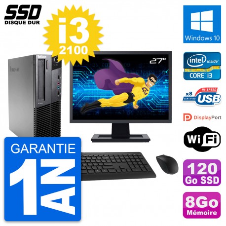 PC Lenovo M82 SFF Ecran 27" Intel Core i3-2100 RAM 8Go SSD 120Go Windows 10 Wifi