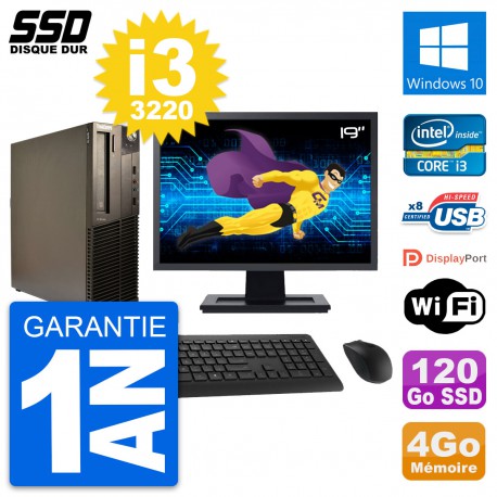 PC Lenovo M82 SFF Ecran 19" Intel Core i3-3220 RAM 4Go SSD 120Go Windows 10 Wifi