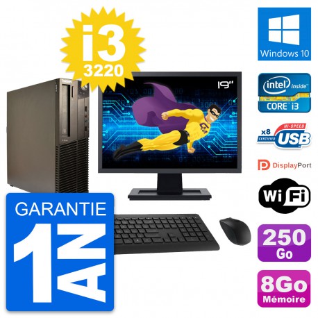 PC Lenovo M82 SFF Ecran 19" Intel i3-3220 RAM 8Go Disque 250Go Windows 10 Wifi