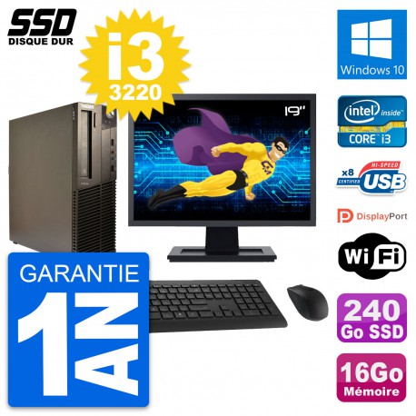 PC Lenovo M82 SFF Ecran 19" Intel i3-3220 RAM 16Go SSD 240Go Windows 10 Wifi