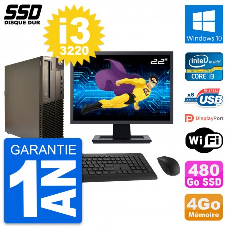 PC Lenovo M82 SFF Ecran 22" Intel Core i3-3220 RAM 4Go SSD 480Go Windows 10 Wifi