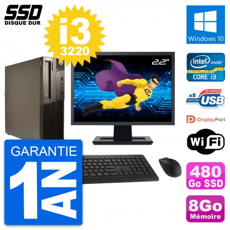 PC Lenovo M82 SFF Ecran 22" Intel Core i3-3220 RAM 8Go SSD 480Go Windows 10 Wifi