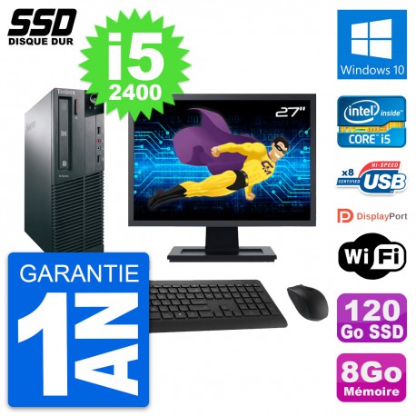 PC Lenovo M82 SFF Ecran 27" Intel Core i5-2400 RAM 8Go SSD 120Go Windows 10 Wifi