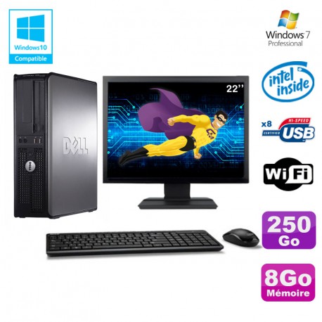 Lot PC DELL Optiplex 780 DT Intel E5200 2,5Ghz 8Go 250Go WIFI Win 7 + Ecran 22"