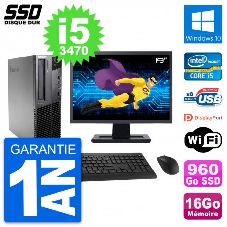 PC Lenovo M82 SFF Ecran 19" Intel i5-3470 RAM 16Go SSD 960Go Windows 10 Wifi