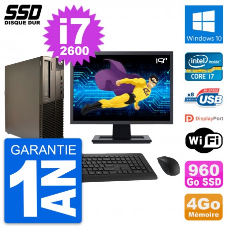 PC Lenovo M82 SFF Ecran 19" Intel Core i7-2600 RAM 4Go SSD 960Go Windows 10 Wifi