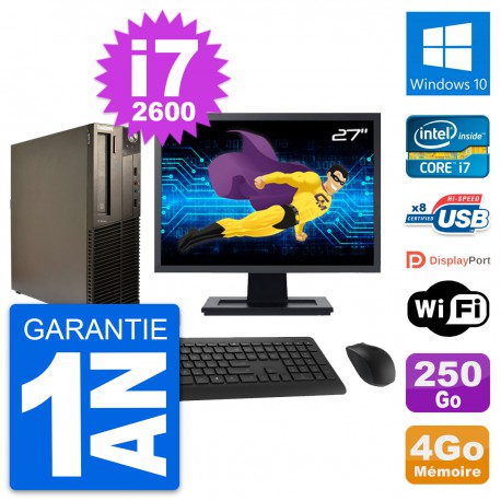PC Lenovo M82 SFF Ecran 27" Intel i7-2600 RAM 4Go Disque 250Go Windows 10 Wifi