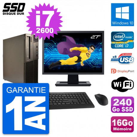 PC Lenovo M82 SFF Ecran 27" Intel i7-2600 RAM 16Go SSD 240Go Windows 10 Wifi