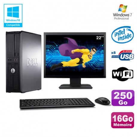 Lot PC DELL Optiplex 780 DT Intel E5200 2,5Ghz 16Go 250Go WIFI Win 7 + Ecran 22"