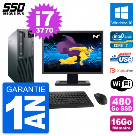 PC Lenovo M82 SFF Ecran 19" Intel i7-3770 RAM 16Go SSD 480Go Windows 10 Wifi