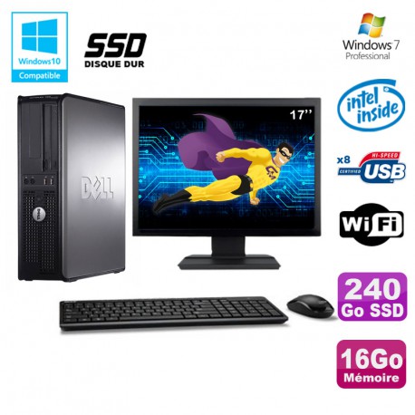 Lot PC DELL Optiplex 780 DT Intel E5200 2,5Ghz 16Go 240Go SSD WIFI W7 + Ecran 17"