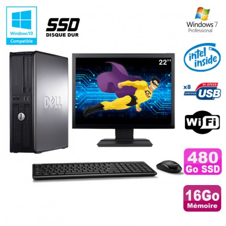 Lot PC DELL Optiplex 780 DT Intel E5200 2,5Ghz 16Go 480Go SSD WIFI W7 + Ecran 22"