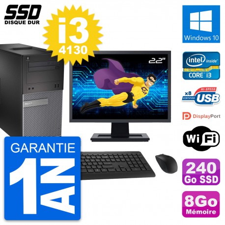 PC Tour Dell 3020 Ecran 22" Intel Core i3-4130 RAM 8Go SSD 240Go Windows 10 Wifi