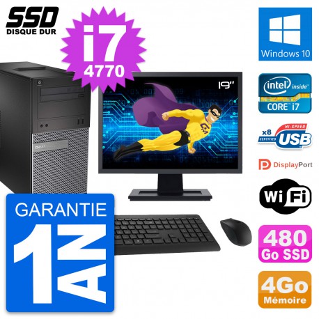 PC Tour Dell 3020 Ecran 19" Intel Core i7-4770 RAM 4Go SSD 480Go Windows 10 Wifi