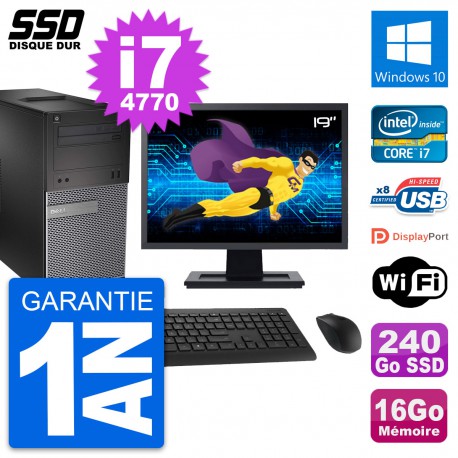 PC Tour Dell 3020 Ecran 19" Intel i7-4770 RAM 16Go SSD 240Go Windows 10 Wifi