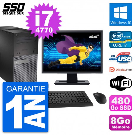 PC Tour Dell 3020 Ecran 22" Intel Core i7-4770 RAM 8Go SSD 480Go Windows 10 Wifi