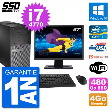 PC Tour Dell 3020 Ecran 27" Intel Core i7-4770 RAM 4Go SSD 480Go Windows 10 Wifi
