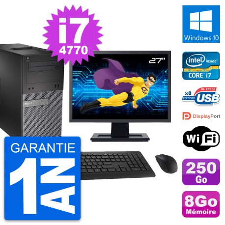 PC Tour Dell 3020 Ecran 27" Intel i7-4770 RAM 8Go Disque 250Go Windows 10 Wifi