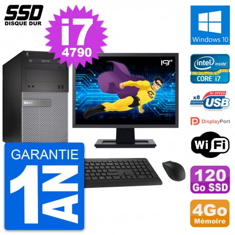 PC Tour Dell 3020 Ecran 19" Intel Core i7-4790 RAM 4Go SSD 120Go Windows 10 Wifi