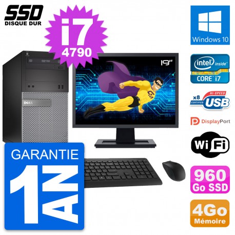 PC Tour Dell 3020 Ecran 19" Intel Core i7-4790 RAM 4Go SSD 960Go Windows 10 Wifi