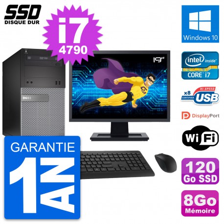 PC Tour Dell 3020 Ecran 19" Intel Core i7-4790 RAM 8Go SSD 120Go Windows 10 Wifi