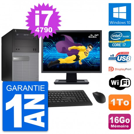 PC Tour Dell 3020 Ecran 22" Intel i7-4790 RAM 16Go Disque 1To Windows 10 Wifi