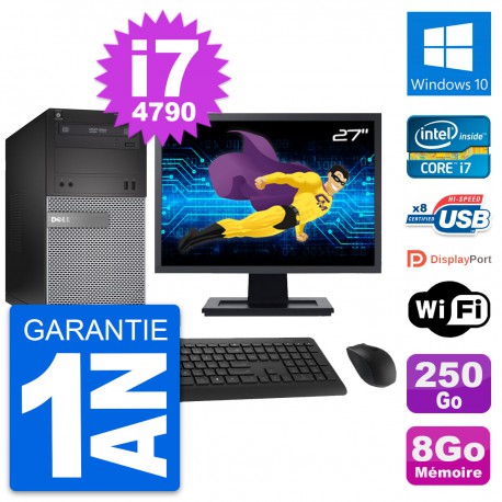 PC Tour Dell 3020 Ecran 27" Intel i7-4790 RAM 8Go Disque 250Go Windows 10 Wifi