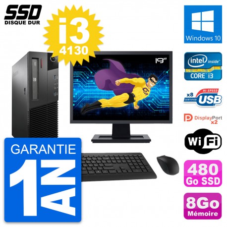 PC Lenovo M93p SFF Ecran 19" Intel i3-4130 RAM 8Go SSD 480Go Windows 10 Wifi