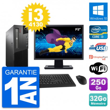 PC Lenovo M93p SFF Ecran 19" Intel i3-4130 RAM 32Go Disque 250Go Windows 10 Wifi