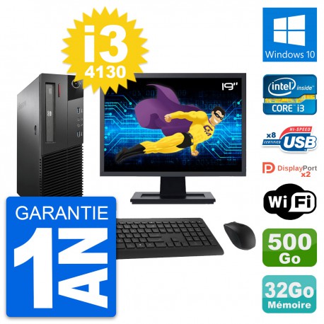 PC Lenovo M93p SFF Ecran 19" Intel i3-4130 RAM 32Go Disque 500Go Windows 10 Wifi