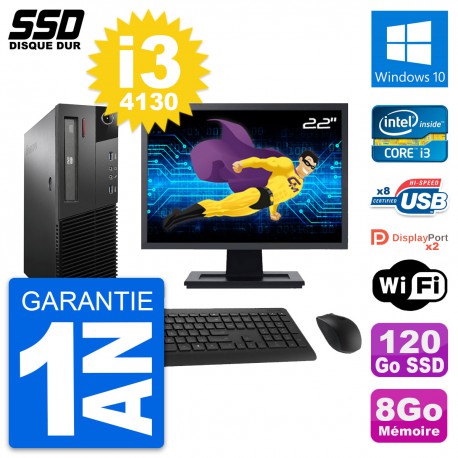 PC Lenovo M93p SFF Ecran 22" Intel i3-4130 RAM 8Go SSD 120Go Windows 10 Wifi